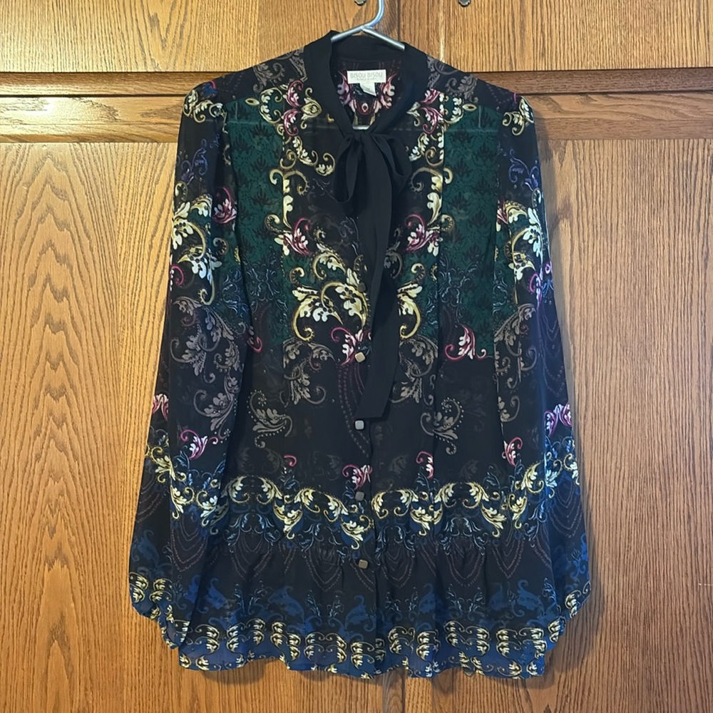 Black yellow pink green blue print long sleeve semi sheer top